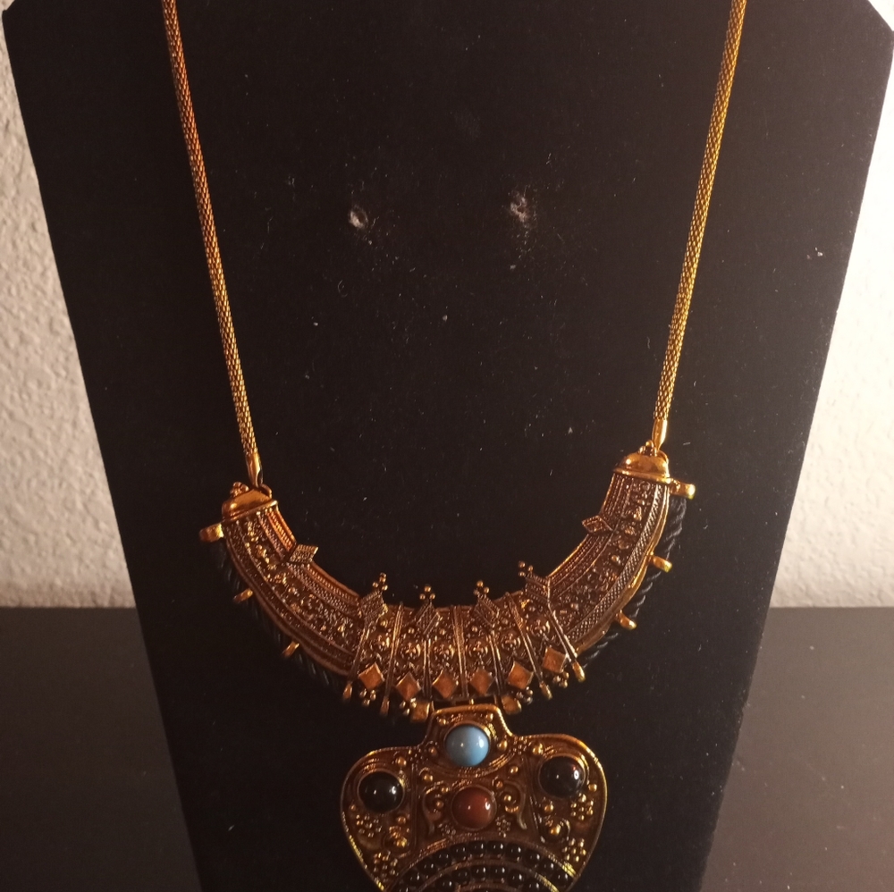 EXQUISITE Antique Tibetan Ghau Pendant Crescent Necklace.